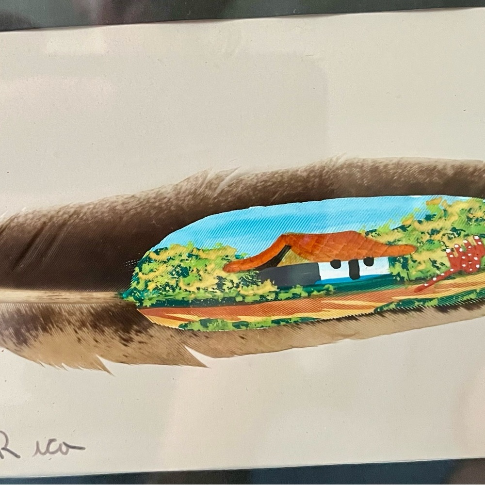 Framed Costa Rica Artwork with Wooden Frame hand painted on Bird Feather 7/13 in - Picture 11 of 11